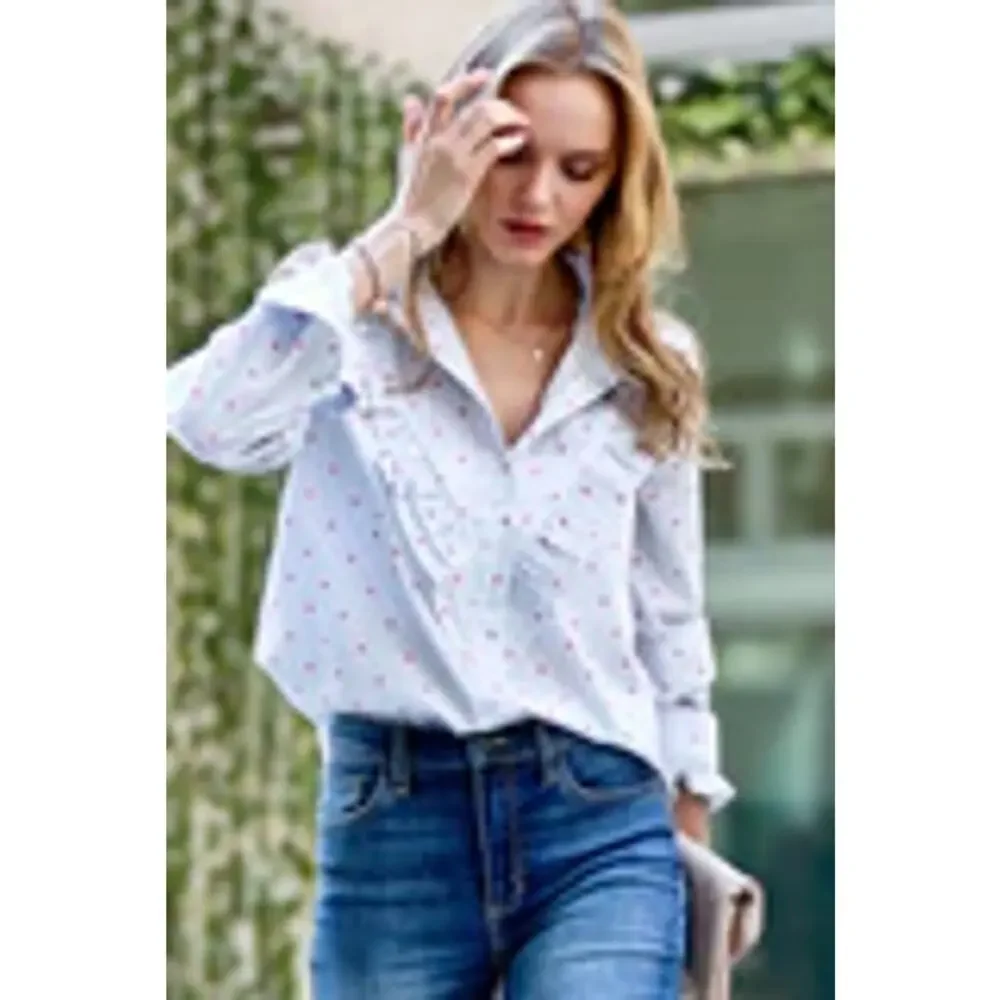 Long Sleeve Cotton Button Up Blouse White Gray Pinstripe Heart Ruffle Small - Picture 6 of 10